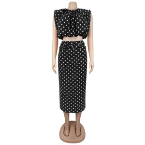 Black white polka dot sleeveless crop top and midi skirt two piece set chic outfit