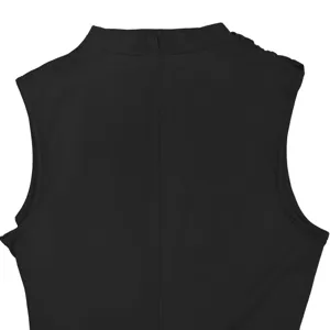 Black sleeveless slim-fit jumpsuit back view with gathered shoulder detail elegant fashion