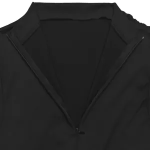 Close-up detail of women's black stylish jumpsuit front zipper collar design, high quality.