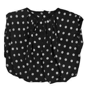 Black and white polka dot sleeveless top with round neck and pleated front collar detail.
