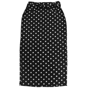 Black and white polka dot pencil skirt detail, high waist style with elegant bow knot.