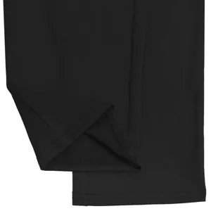 Detailed view of black garment hem, featuring fine stitching and smooth fabric texture for style.