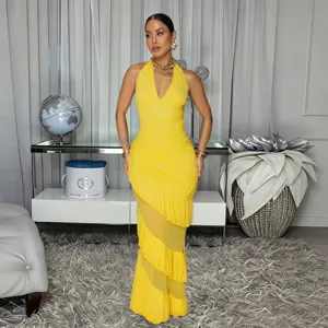 Elegant yellow halter neck backless long dress for women, sleeveless layered maxi gown.