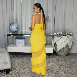 Women sleeveless backless ruffle yellow maxi dress elegant summer casual evening party gown
