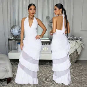 Women White Halter Deep V-Neck Backless Ruffled Mesh Long Maxi Dress Summer Elegant