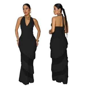 Stunning black halter backless maxi dress for women, stylish sleeveless evening party gown.