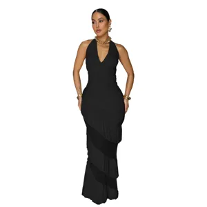 Elegant halter neck and backless design featuring layered ruffle tiers for women.