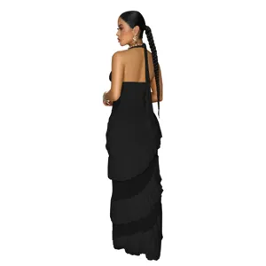 Elegant black backless maxi dress for women, sleeveless tiered design for chic style.