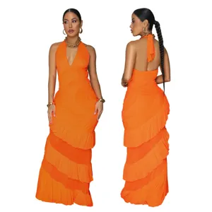 Orange sleeveless halter backless tiered maxi dress, elegant summer party long dress for women
