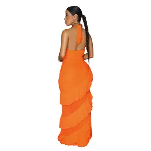 Orange Halter Backless Tiered Maxi Dress Elegant Sleeveless Ruffle Long Party Dress Women