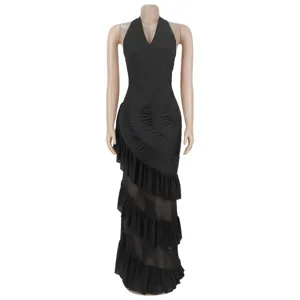 Elegant black halter long dress with mesh ruffles, sleeveless backless design for women.