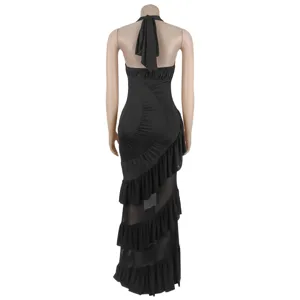 Back detail view of black halter neck sleeveless long dress featuring elegant ruffle layers.