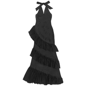Sleek black sleeveless backless dress with halter neck tie, chic ruffles and layered mesh details.