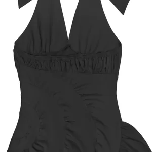 Elegant black halter neck sleeveless dress with chic ruched detail and unique curved seams.