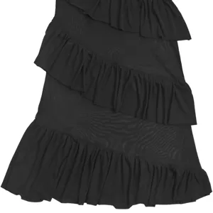 Black tiered ruffle mesh dress fabric detail shot showcasing delicate layered design.