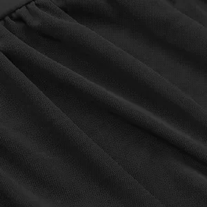 Close up detail view of black mesh ruched fabric for women elegant casual dress product.