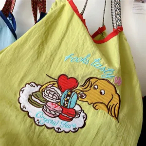 Cute embroidered cartoon tote bag casual canvas shoulder bag for women daily commute shopping