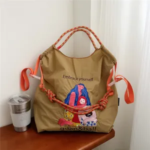 Grand sac cabas épaule en toile avec broderie de personnages créatifs, fourre-tout.