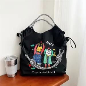 Grand sac cabas brodé noir sac à main décontracté élégant sac d'épaule quotidien.