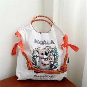 Sac cabas en toile brodé décontracté avec motif koala mignon, sac à main bandoulière élégant.