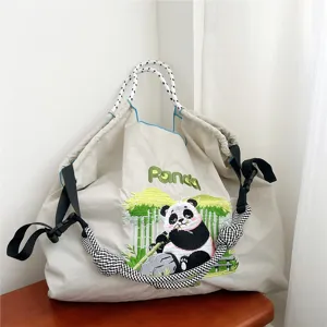 Grand sac cabas en toile sac d'épaule décontracté avec jolie broderie de panda.