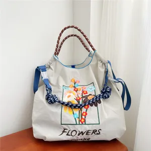 Grand sac cabas brodé en toile, sac à main d'épaule décontracté pour femmes au quotidien.