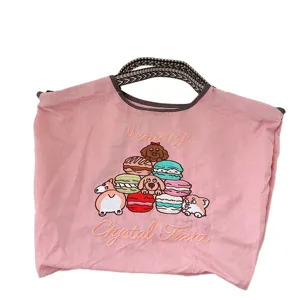 Cute embroidered canvas tote bag, casual shopping shoulder bag with dog and macaron.