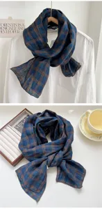 Écharpe en lin à carreaux bleu marron pour femme, longue foulard respirant mode printemps.