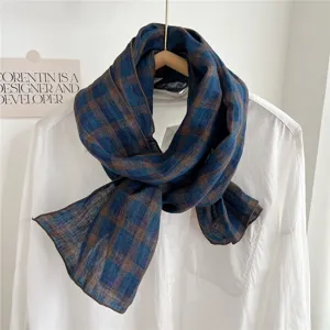 Écharpe en lin à carreaux bleu et marron pour femme, foulard long léger printemps été.