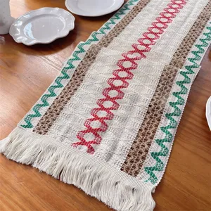 Camino de Mesa Tejido Navidad Decoración de Mesa de Comedor Rojo Verde Boho con Flecos