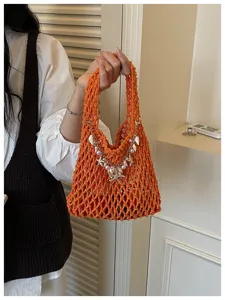 Oranje gehaakte geweven handtas met schelp zeester bedelketting voor strandvakantie dagelijks.