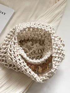 Chique beige geweven handtas, stijlvolle strandvakantie emmertas voor dames dagelijks.