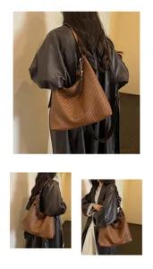 Vintage geweven hobo schoudertas voor dames, stijlvolle bruine leren shopper slouchy tas.