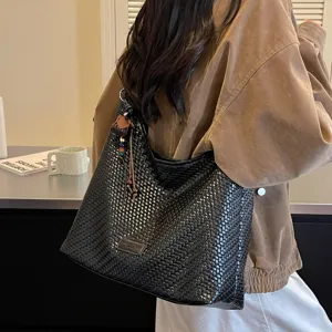 Dames Zwarte Geweven Schoudertas Casual Vintage Hobo Tote Tas Stijlvolle Dagelijkse Tas