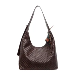 Elegante bruine geweven lederen schoudertas hobo stijl stijlvolle handtas voor dames.