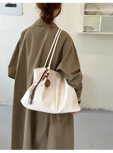 Damen große Kapazität weiße Schulter Shopper Tasche lässig Vintage Retro Tasche Detail