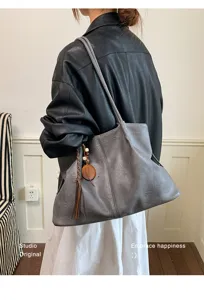 Lässige große weiche Ledertasche für Damen Vintage Pendler Umhängetasche dunkelgrau