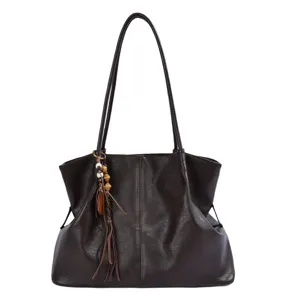 Damen dunkelbraune große Schulter Tote Tasche Retro lässige Leder Handtasche mit Quaste Charm
