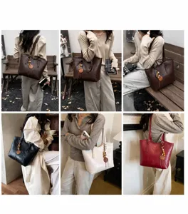 Vista de detalle de bolso tote de gran capacidad para mujer con elegante borla de cuentas de madera.
