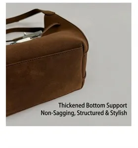 Braune Wildleder-Eimer-Tasche für Damen, stilvolle Retro-Umhängetasche mit dickem Boden.