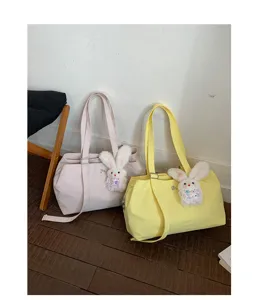 Large capacity women commuter tote bag stylish shoulder bag with cute plush rabbit pendant