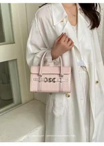 Elegante rosa gewebte Leder Handtasche mit Metallverschluss Retro Umhängetasche Damen
