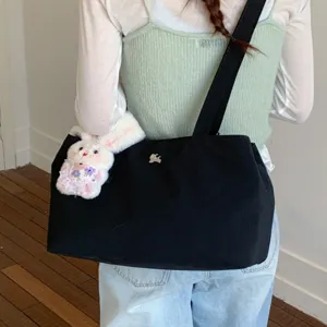 Casual black canvas tote bag for women, large capacity shoulder underarm bag with cute bunny.
