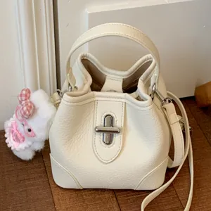 Women PU Leather Litchi Pattern Bucket Bag Commuter Handbag Casual Shoulder Bag With Metal Lock