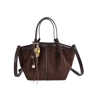 Women Brown Suede Retro Tote Bag Casual Commuter Shoulder Crossbody Bag with Beaded Charm