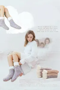 Cozy winter thermal sleep socks detail shot, soft plush cuff with cute bow, warm indoor wear.