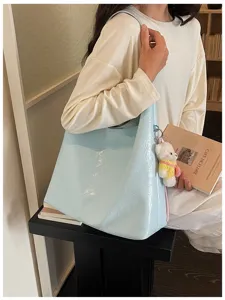 Light blue soft leather tote bag, large capacity underarm shoulder bag for women daily commute.