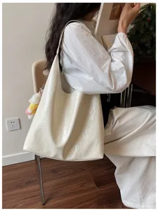 Korean style soft leather tote bag, large capacity minimalist commuter shoulder bag for women.