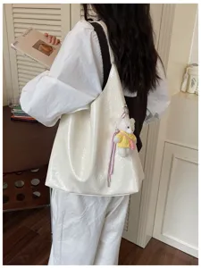 Korean style soft leather tote bag, casual daily underarm shoulder bag with cute bear pendant.
