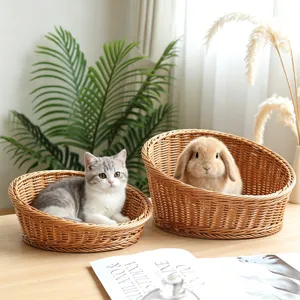 Detailed view of hand-woven imitation rattan pet bed, stylish sloping design for cats and dogs.